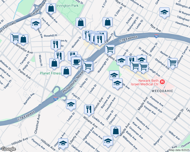 map of restaurants, bars, coffee shops, grocery stores, and more near 294 Schley Street in Newark