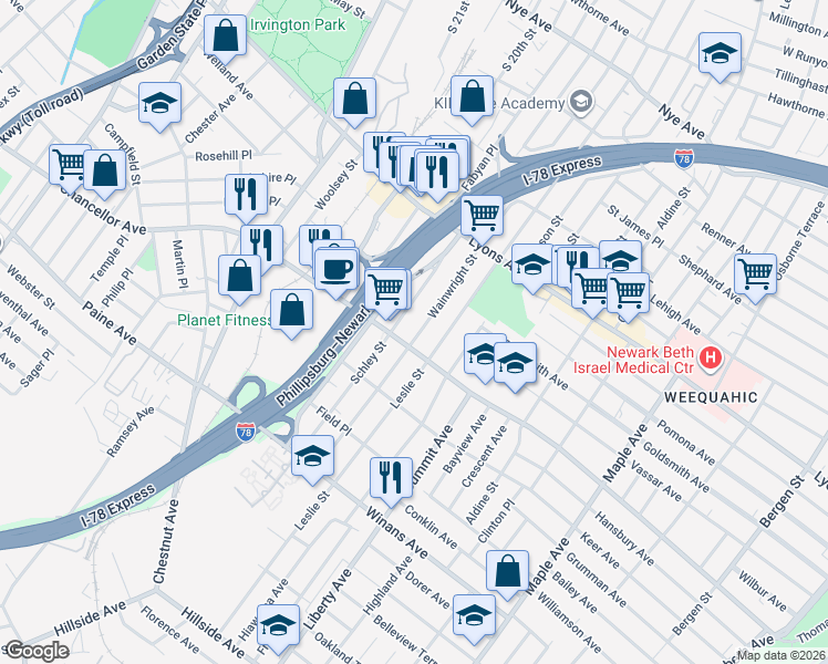 map of restaurants, bars, coffee shops, grocery stores, and more near 294 Schley Street in Newark