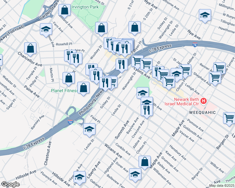 map of restaurants, bars, coffee shops, grocery stores, and more near 294 Schley Street in Newark