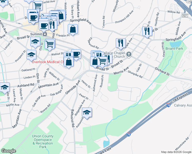 map of restaurants, bars, coffee shops, grocery stores, and more near in Summit