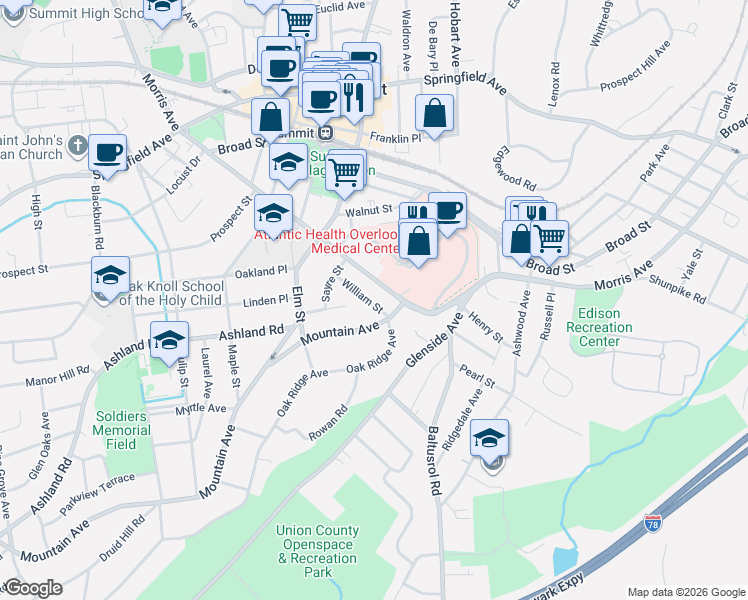 map of restaurants, bars, coffee shops, grocery stores, and more near in Summit