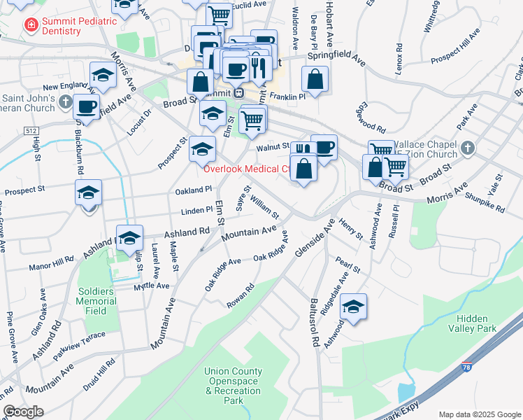 map of restaurants, bars, coffee shops, grocery stores, and more near 12 William Street in Summit