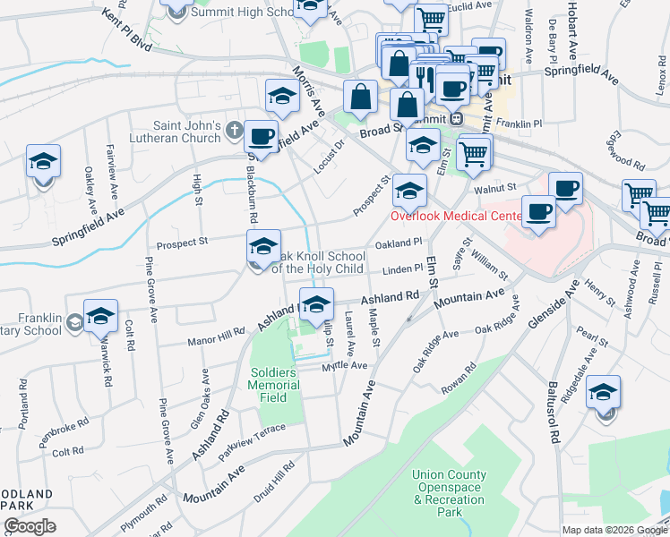 map of restaurants, bars, coffee shops, grocery stores, and more near 52 Oakland Place in Summit