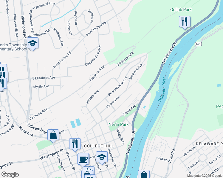 map of restaurants, bars, coffee shops, grocery stores, and more near 138 Pennsylvania Avenue in Easton