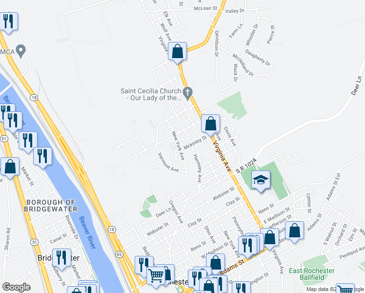map of restaurants, bars, coffee shops, grocery stores, and more near 601 New York Avenue in Rochester