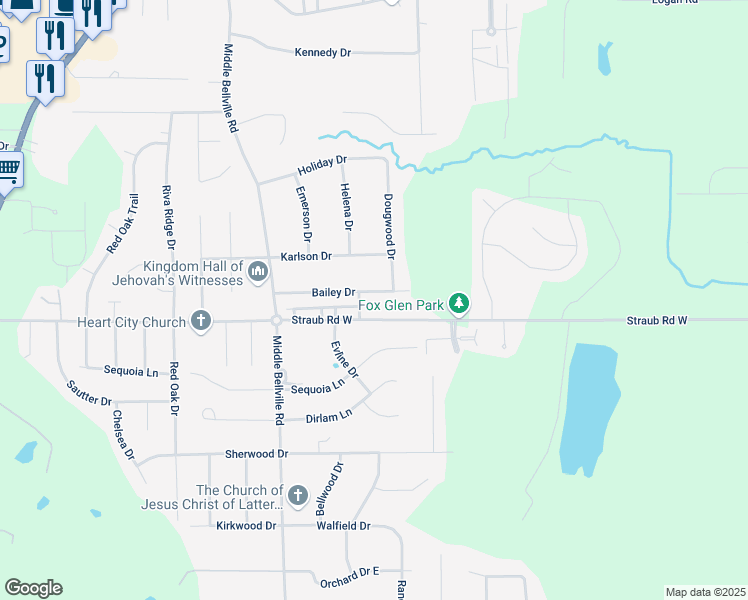 map of restaurants, bars, coffee shops, grocery stores, and more near 557-571 Bailey Drive in Mansfield