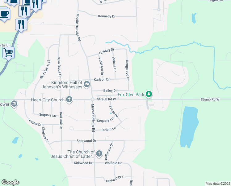 map of restaurants, bars, coffee shops, grocery stores, and more near 557-571 Bailey Drive in Mansfield