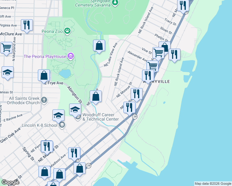 map of restaurants, bars, coffee shops, grocery stores, and more near 601-699 Camblin Ave in Peoria