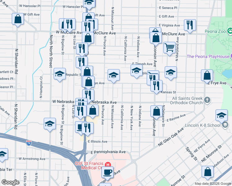 map of restaurants, bars, coffee shops, grocery stores, and more near 2003 North California Avenue in Peoria