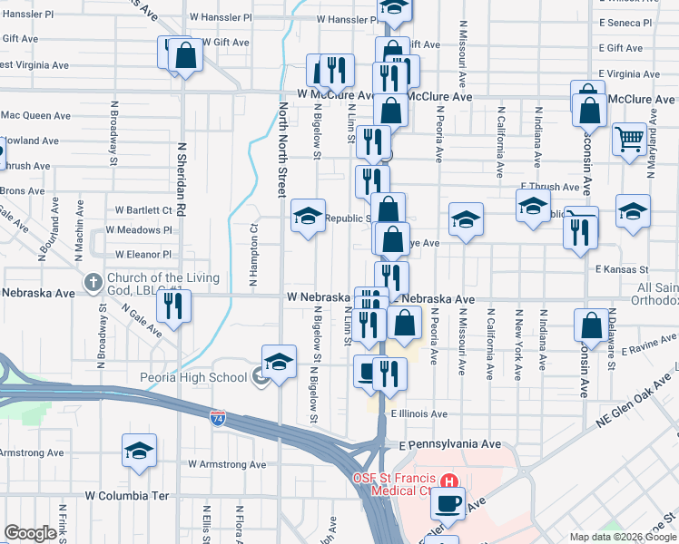 map of restaurants, bars, coffee shops, grocery stores, and more near 1922 North Bigelow Street in Peoria