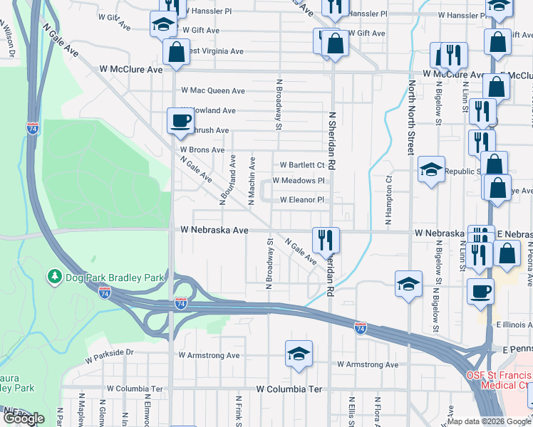 map of restaurants, bars, coffee shops, grocery stores, and more near 1918 N Broadway St in Peoria