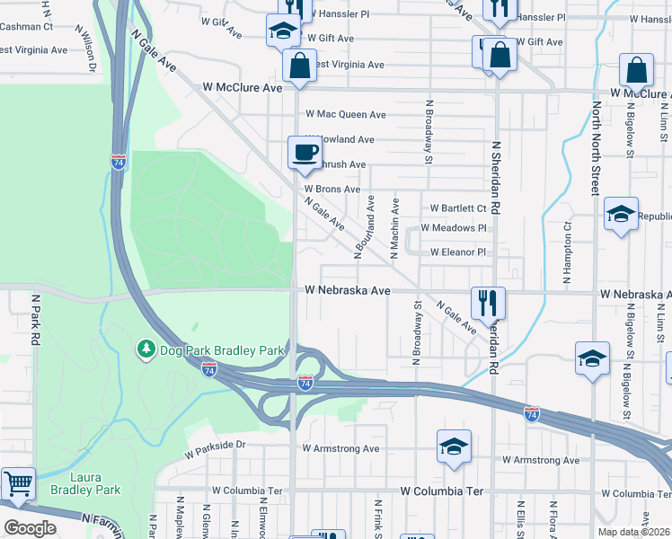map of restaurants, bars, coffee shops, grocery stores, and more near 1121 West Groveland Avenue in Peoria