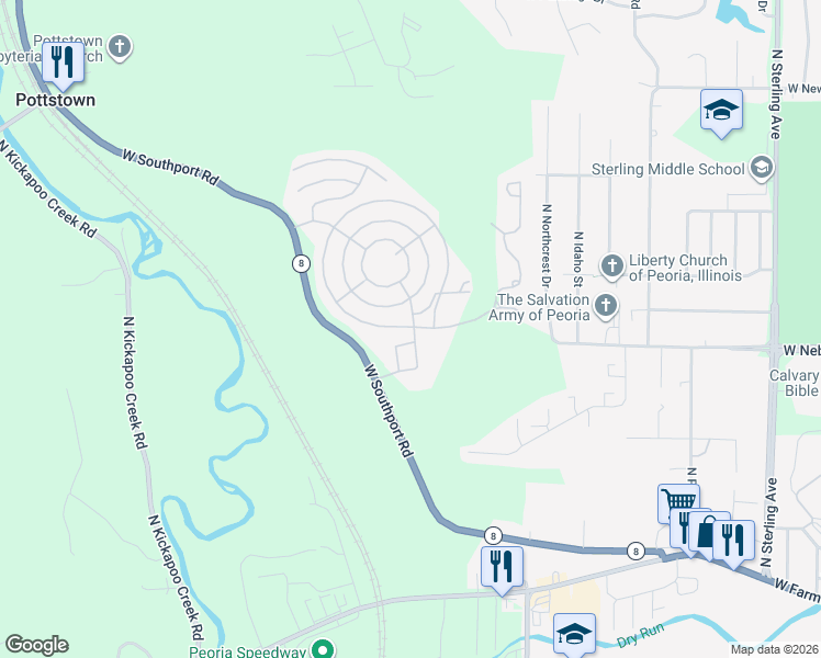 map of restaurants, bars, coffee shops, grocery stores, and more near 3257-3303 West Manchester Avenue in Peoria