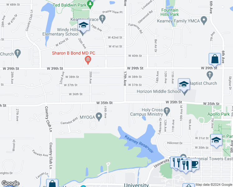 map of restaurants, bars, coffee shops, grocery stores, and more near 3603 17th Avenue in Kearney