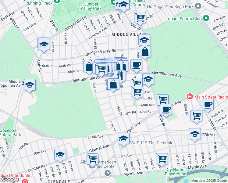 map of restaurants, bars, coffee shops, grocery stores, and more near 75-22 67th Drive in Queens