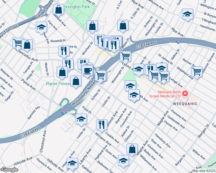 map of restaurants, bars, coffee shops, grocery stores, and more near 294 Schley Street in Newark