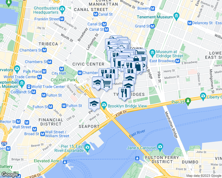 map of restaurants, bars, coffee shops, grocery stores, and more near 25 Saint James Place in New York