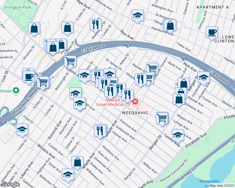 map of restaurants, bars, coffee shops, grocery stores, and more near 24 Irving Avenue in Newark