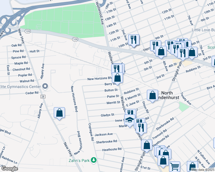 map of restaurants, bars, coffee shops, grocery stores, and more near 16 Berry Street in Lindenhurst