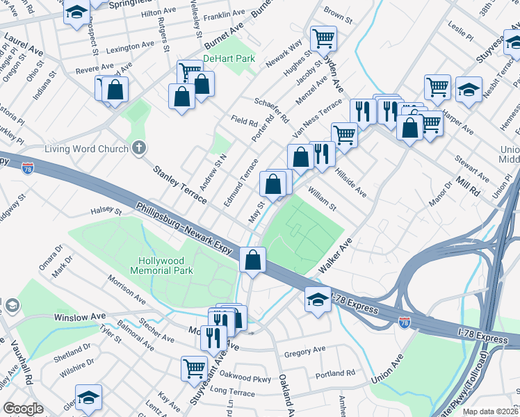 map of restaurants, bars, coffee shops, grocery stores, and more near 1630 Stuyvesant Avenue in Union