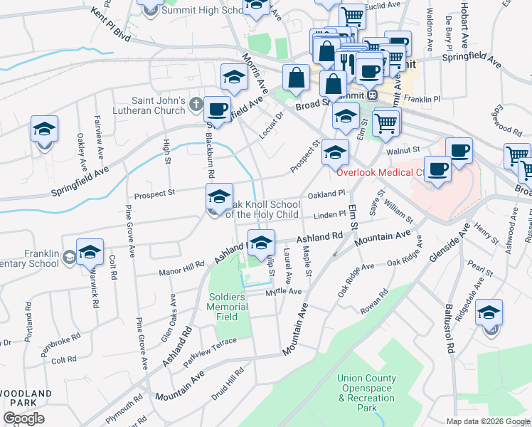 map of restaurants, bars, coffee shops, grocery stores, and more near 52 Oakland Place in Summit
