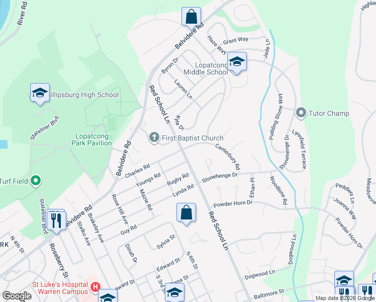 map of restaurants, bars, coffee shops, grocery stores, and more near 22 Canterbury Road in Phillipsburg