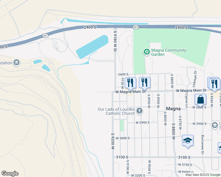 map of restaurants, bars, coffee shops, grocery stores, and more near 9228 West 2700 South in Magna