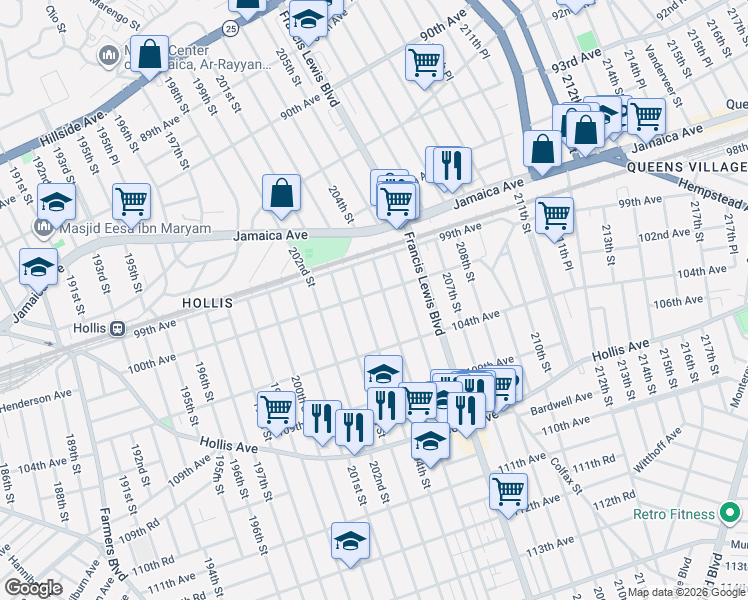 map of restaurants, bars, coffee shops, grocery stores, and more near 204-12 100th Avenue in Queens