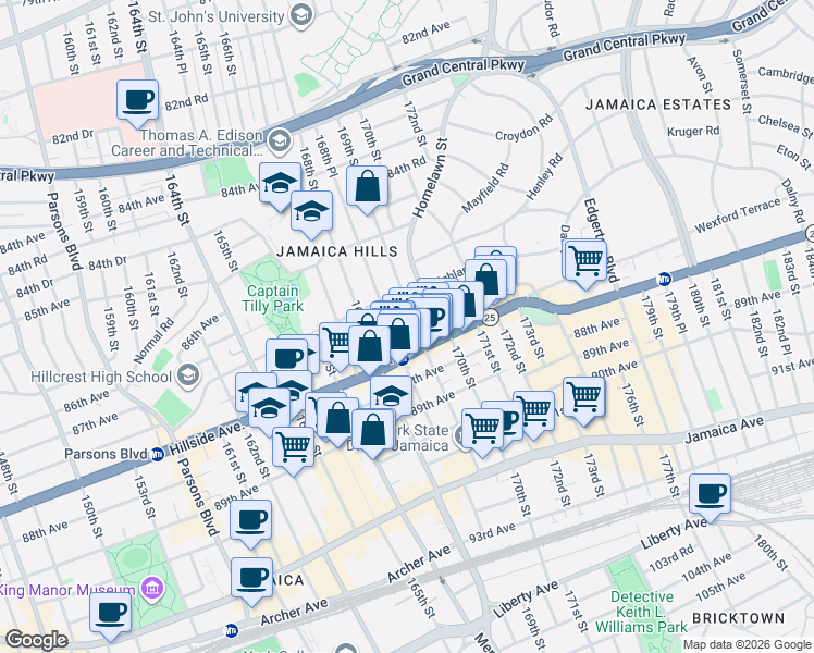 map of restaurants, bars, coffee shops, grocery stores, and more near 87-25 168th Place in Queens