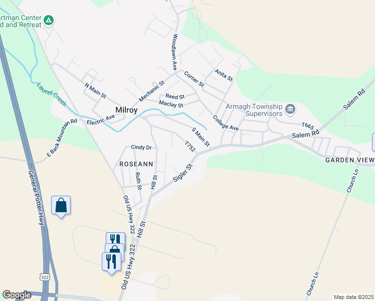 map of restaurants, bars, coffee shops, grocery stores, and more near 24 Andrew Street in Milroy