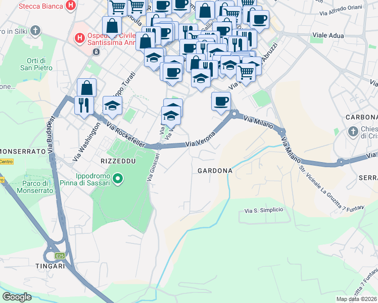 map of restaurants, bars, coffee shops, grocery stores, and more near Via Verona in Sassari