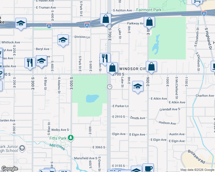 map of restaurants, bars, coffee shops, grocery stores, and more near 2730 South 700 East in Salt Lake City