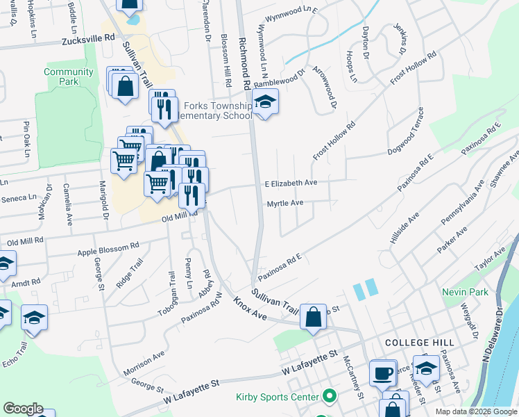 map of restaurants, bars, coffee shops, grocery stores, and more near 1416 State Route 2021 in Easton