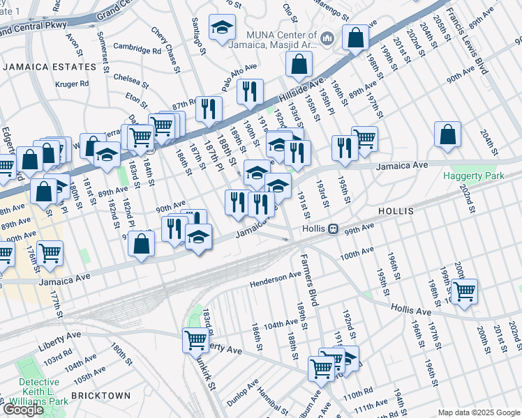 map of restaurants, bars, coffee shops, grocery stores, and more near 9112 188th Street in Queens