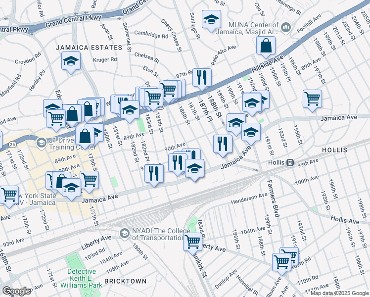 map of restaurants, bars, coffee shops, grocery stores, and more near 90-06 185th Street in Queens