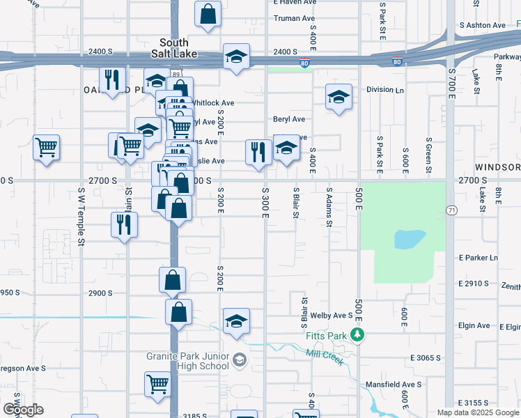 map of restaurants, bars, coffee shops, grocery stores, and more near 2754 South 300 West in South Salt Lake