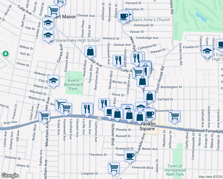 map of restaurants, bars, coffee shops, grocery stores, and more near 120 Renken Boulevard in Franklin Square