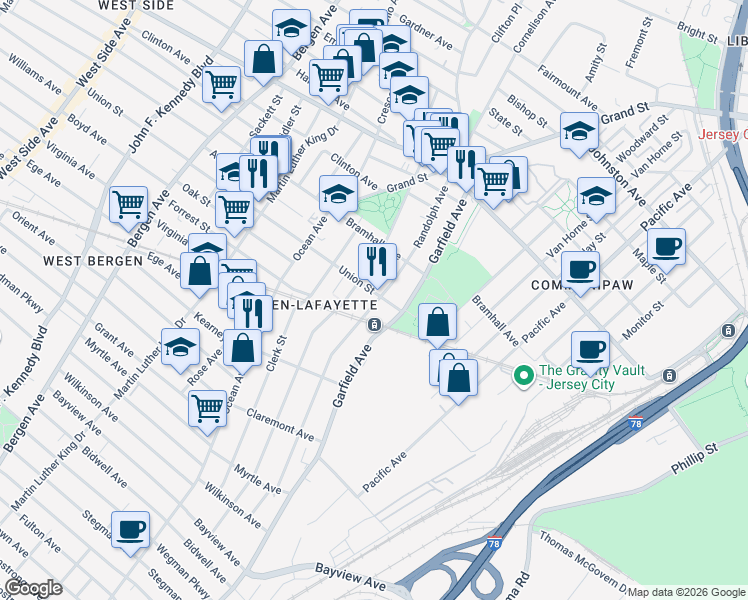 map of restaurants, bars, coffee shops, grocery stores, and more near 23 Union Street in Jersey City