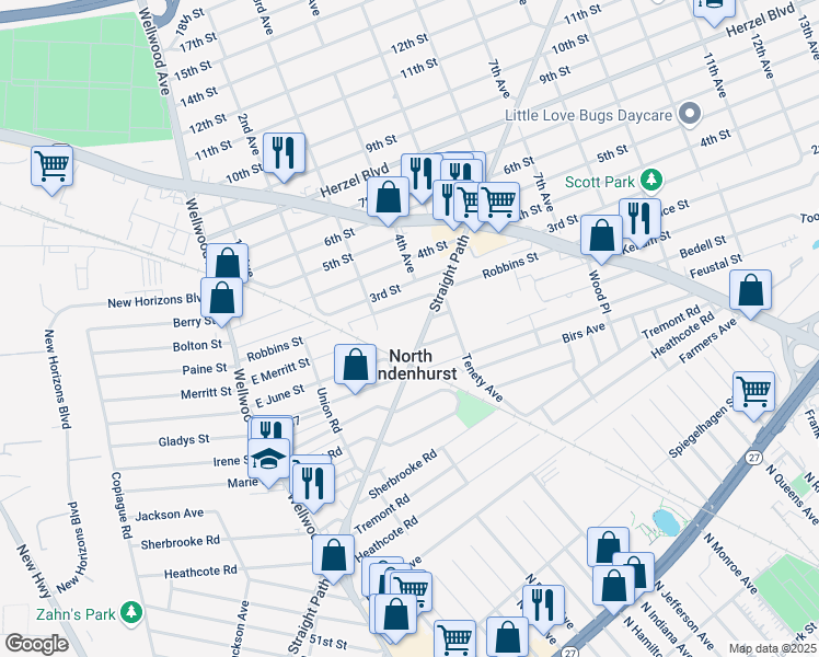 map of restaurants, bars, coffee shops, grocery stores, and more near 1700 Straight Path in Lindenhurst