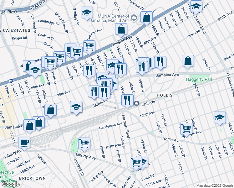 map of restaurants, bars, coffee shops, grocery stores, and more near 92-17 190th Street in Queens