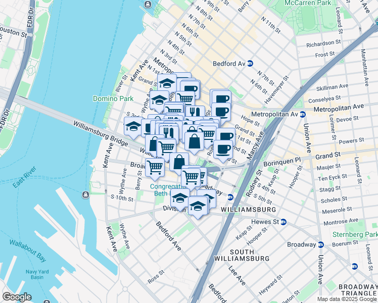 map of restaurants, bars, coffee shops, grocery stores, and more near Driggs Ave & S 4th St in Brooklyn