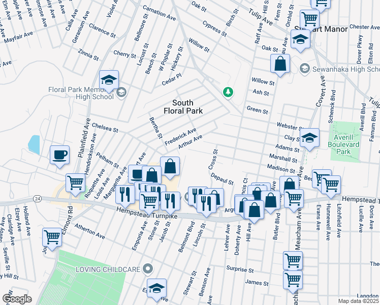map of restaurants, bars, coffee shops, grocery stores, and more near 1611 Madison Street in Elmont