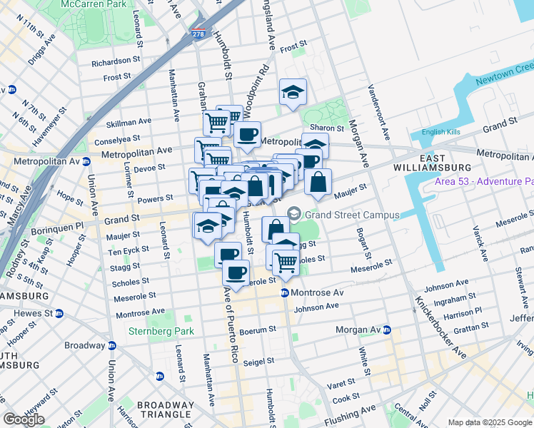 map of restaurants, bars, coffee shops, grocery stores, and more near 233 Maujer Street in Brooklyn