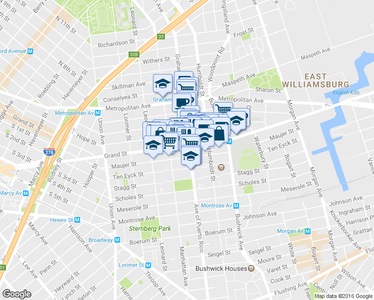 map of restaurants, bars, coffee shops, grocery stores, and more near 720 Grand Street in Brooklyn