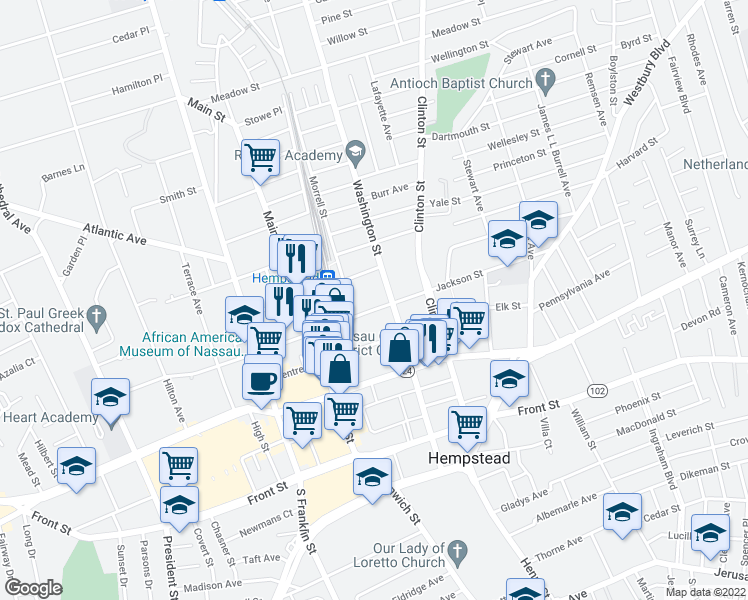 map of restaurants, bars, coffee shops, grocery stores, and more near 251 Jackson Street in Hempstead