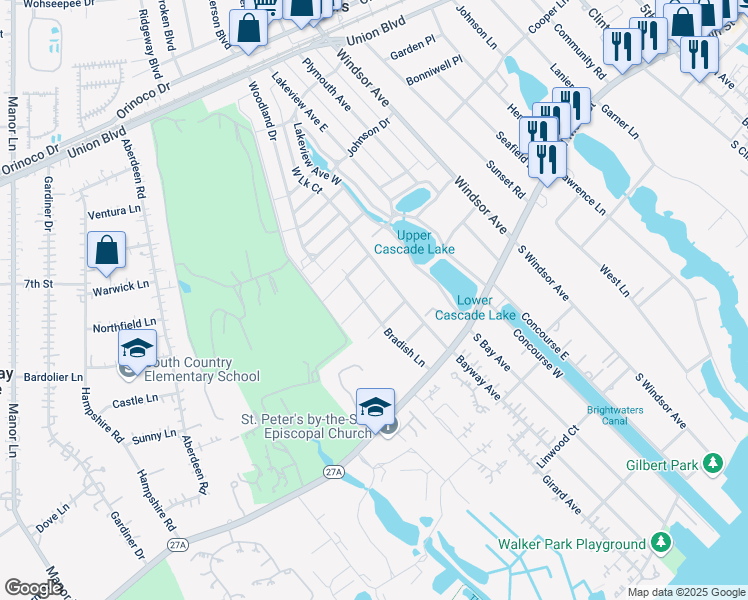 map of restaurants, bars, coffee shops, grocery stores, and more near 2 Fairway Court in Bay Shore