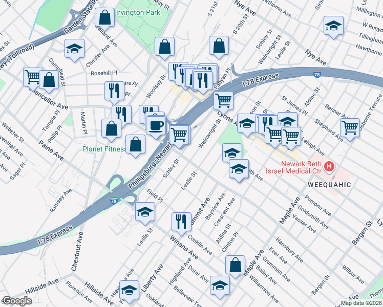 map of restaurants, bars, coffee shops, grocery stores, and more near 294 Schley Street in Newark