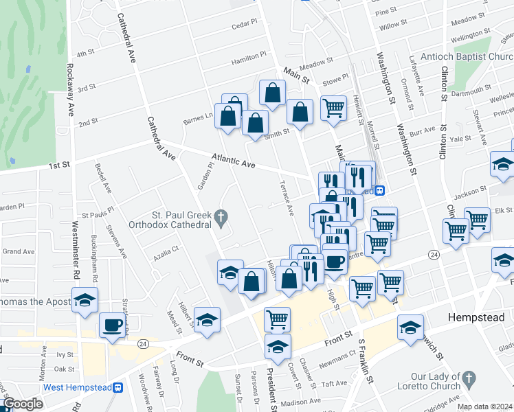 map of restaurants, bars, coffee shops, grocery stores, and more near 65 Rundle Court in Hempstead