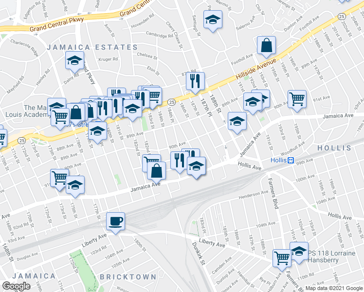 map of restaurants, bars, coffee shops, grocery stores, and more near 90-01 184th Place in Queens