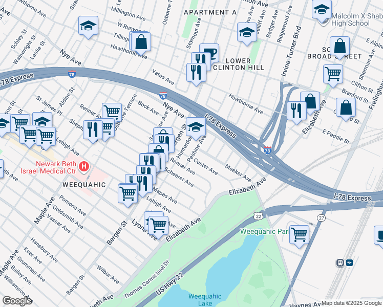 map of restaurants, bars, coffee shops, grocery stores, and more near 465 Peshine Avenue in Newark